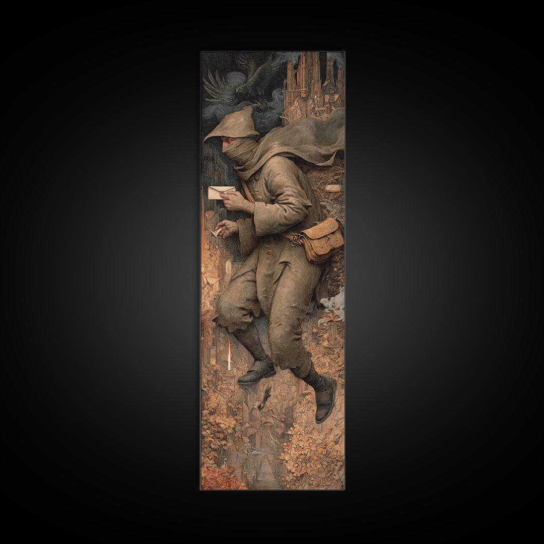 The Mummy Mail Carrier, Medieval Grotesque Art, Tall Narrow Wall Art, Dark Fantasy Wall Art, Framed Canvas Print, Halloween Wall Art