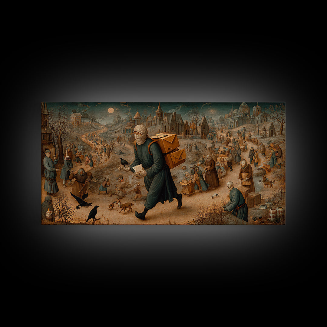 The Mummy Mail Carrier, Northern Renaissance Horror, Wide Panoramic Art, Dark Halloween Decor, Canvas Print, Halloween Wall Art
