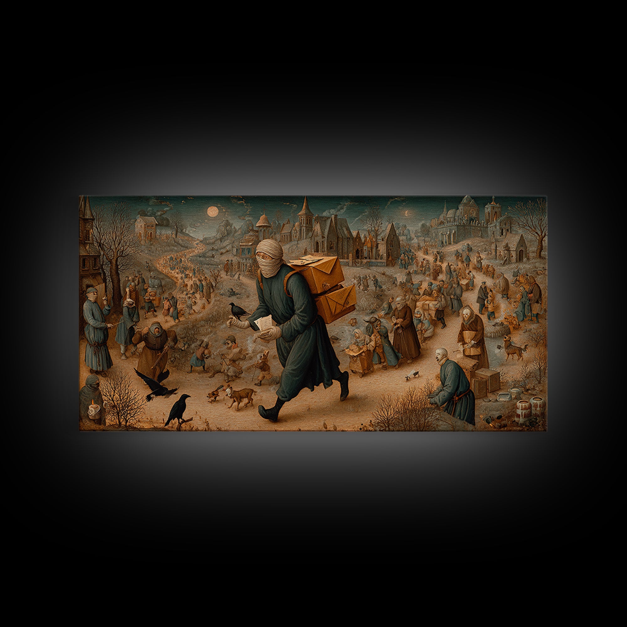 The Mummy Mail Carrier, Northern Renaissance Horror, Wide Panoramic Art, Dark Halloween Decor, Canvas Print, Halloween Wall Art