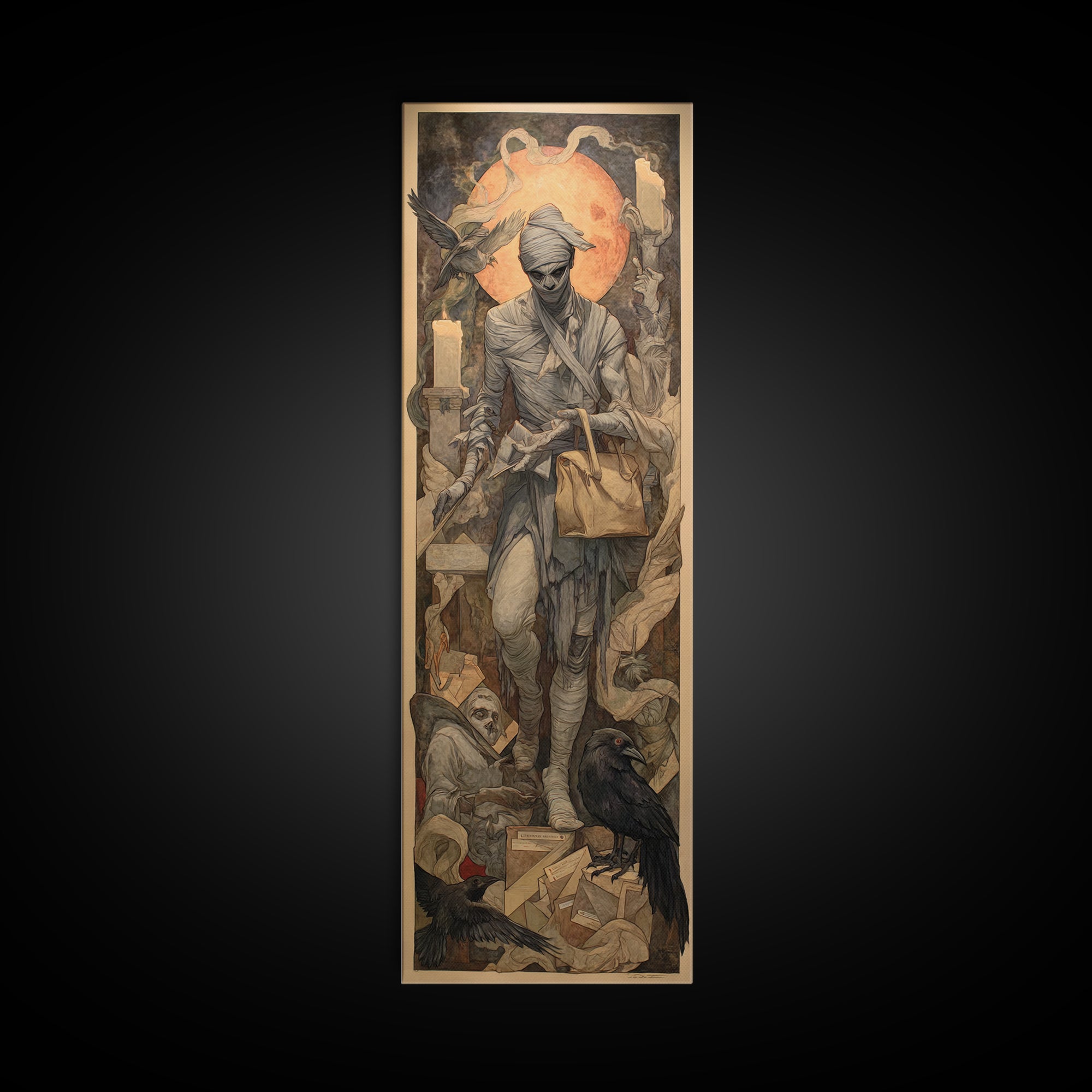 The Mummy Mail Carrier, Dark Renaissance Art, Tall Narrow Wall Art, Gothic Horror Wall Art, Canvas Print, Halloween Wall Art