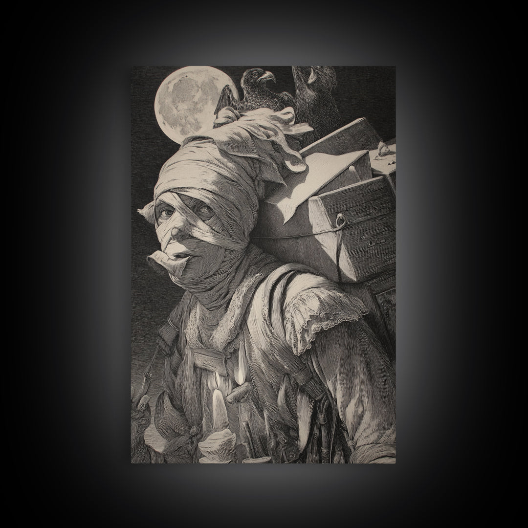 The Mummy Mail Carrier, Renaissance Engraving Art, Vertical Wall Art, Dark Fantasy Wall Art, Canvas Print, Halloween Wall Art
