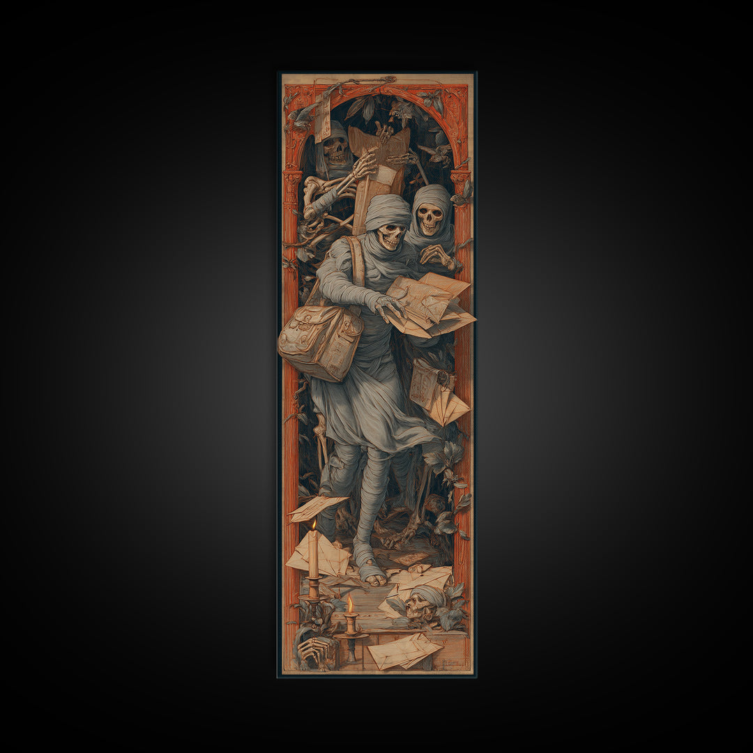 The Mummy Mail Carrier, Danse Macabre Art, Tall Narrow Wall Art, Macabre Wall Art, Framed Canvas Print