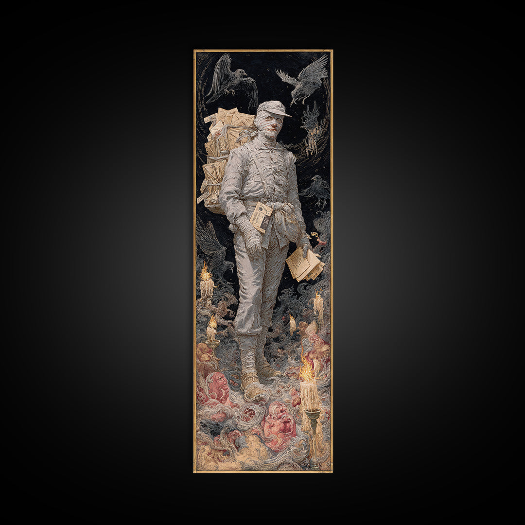 The Mummy Mail Carrier, Visionary Gothic Art, Tall Narrow Wall Art, Dark Fantasy Wall Art, Canvas Print, Halloween Wall Art