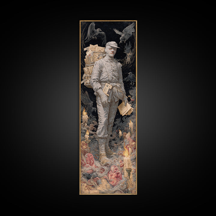 The Mummy Mail Carrier, Visionary Gothic Art, Tall Narrow Wall Art, Dark Fantasy Wall Art, Canvas Print, Halloween Wall Art