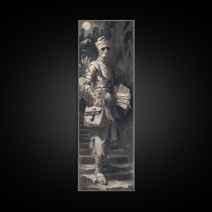 The Mummy Mail Carrier, Architectural Etching Art, Tall Narrow Wall Art, Gothic Horror Wall Art, Framed Canvas Print