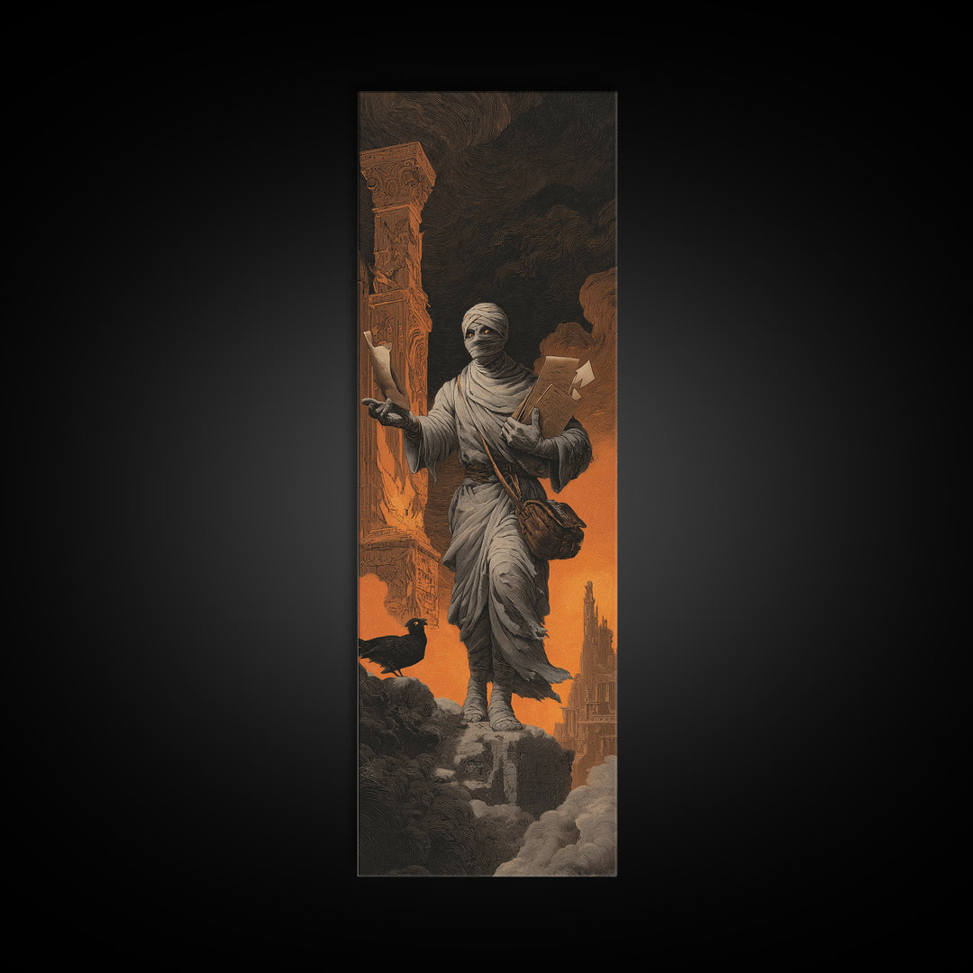 The Mummy Mail Carrier, Apocalyptic Romantic Art, Tall Narrow Wall Art, Gothic Horror Wall Art, Canvas Print, Halloween Wall Art