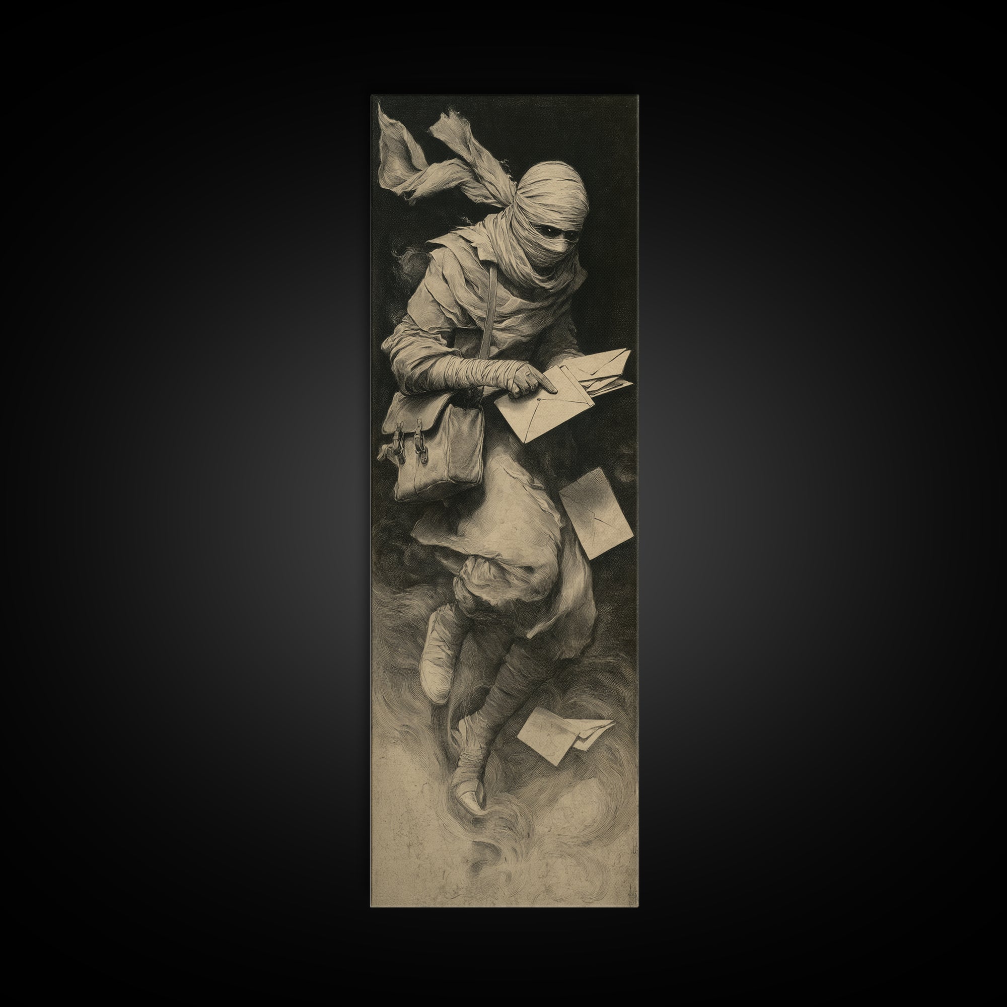 The Mummy Mail Carrier, Symbolist Dream Art, Tall Narrow Wall Art, Gothic Horror Wall Art, Canvas Print, Halloween Wall Art