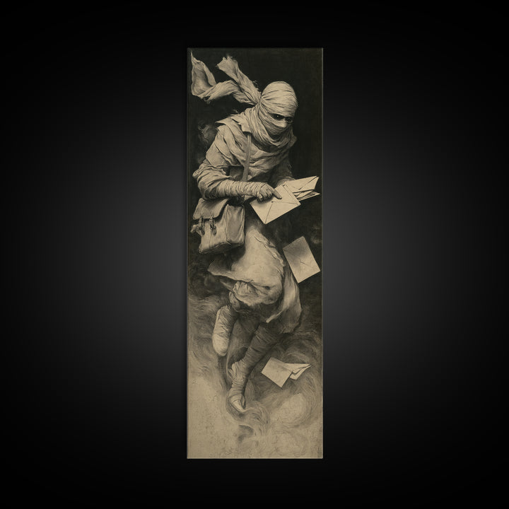 The Mummy Mail Carrier, Symbolist Dream Art, Tall Narrow Wall Art, Gothic Horror Wall Art, Canvas Print, Halloween Wall Art