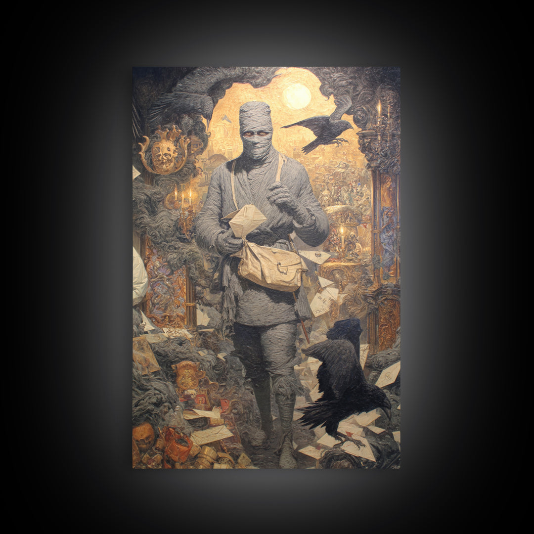 The Mummy Mail Carrier, Ornate Symbolist Art, Vertical Wall Art, Dark Halloween Decor, Canvas Print, Halloween Wall Art