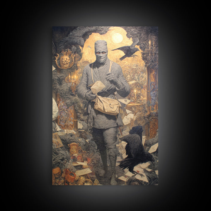 The Mummy Mail Carrier, Ornate Symbolist Art, Vertical Wall Art, Dark Halloween Decor, Canvas Print, Halloween Wall Art