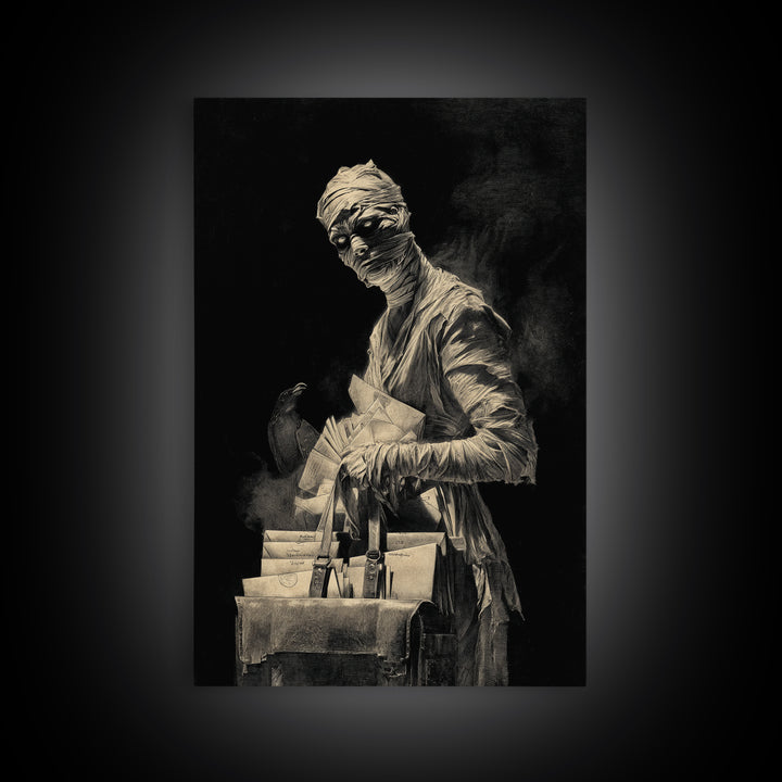 The Mummy Mail Carrier, Decadent Gothic Art, Vertical Wall Art, Macabre Wall Art, Framed Canvas Print, Halloween Wall Art