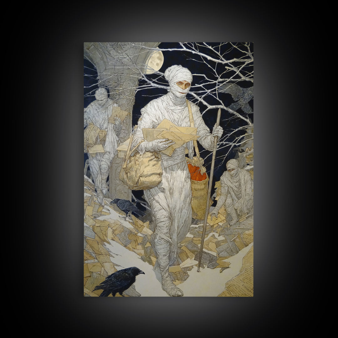 The Mummy Mail Carrier, Symbolist Death Art, Vertical Wall Art, Macabre Wall Art, Canvas Print, Halloween Wall Art