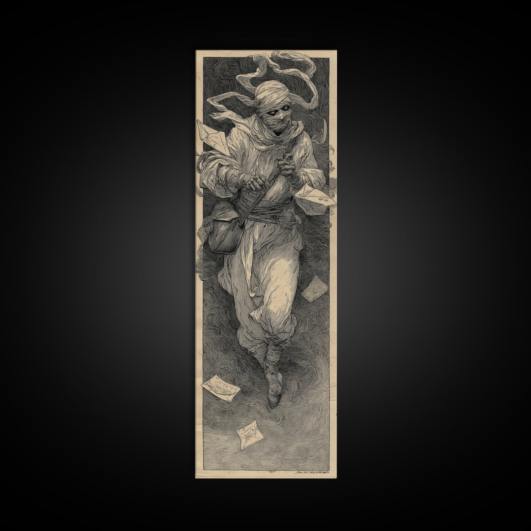 The Mummy Mail Carrier, Symbolist Etching Art, Tall Narrow Wall Art, Gothic Horror Wall Art, Framed Canvas Print, Halloween Wall Art