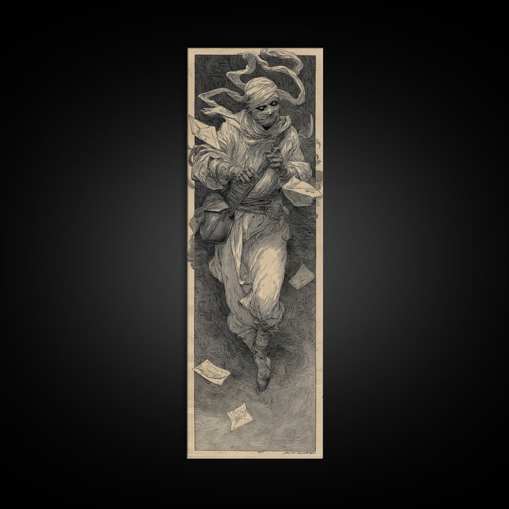 The Mummy Mail Carrier, Symbolist Etching Art, Tall Narrow Wall Art, Gothic Horror Wall Art, Framed Canvas Print, Halloween Wall Art