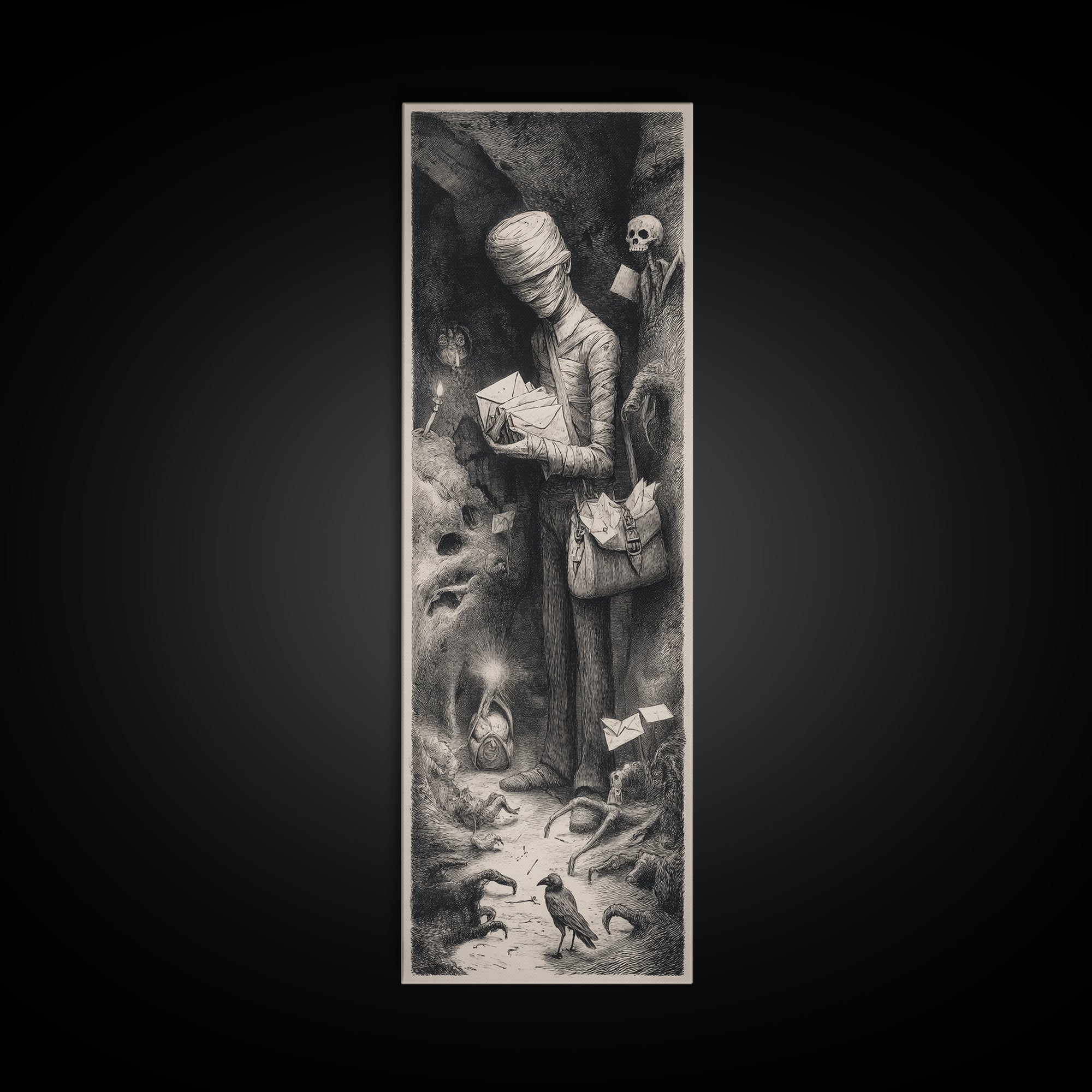 The Mummy Mail Carrier, Expressionist Nightmare Art, Tall Narrow Wall Art, Gothic Horror Wall Art, Canvas Print, Halloween Wall Art