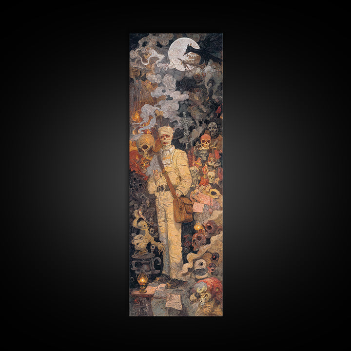 The Mummy Mail Carrier, Grotesque Carnival Art, Tall Narrow Wall Art, Gothic Horror Wall Art, Framed Canvas Print, Halloween Wall Art