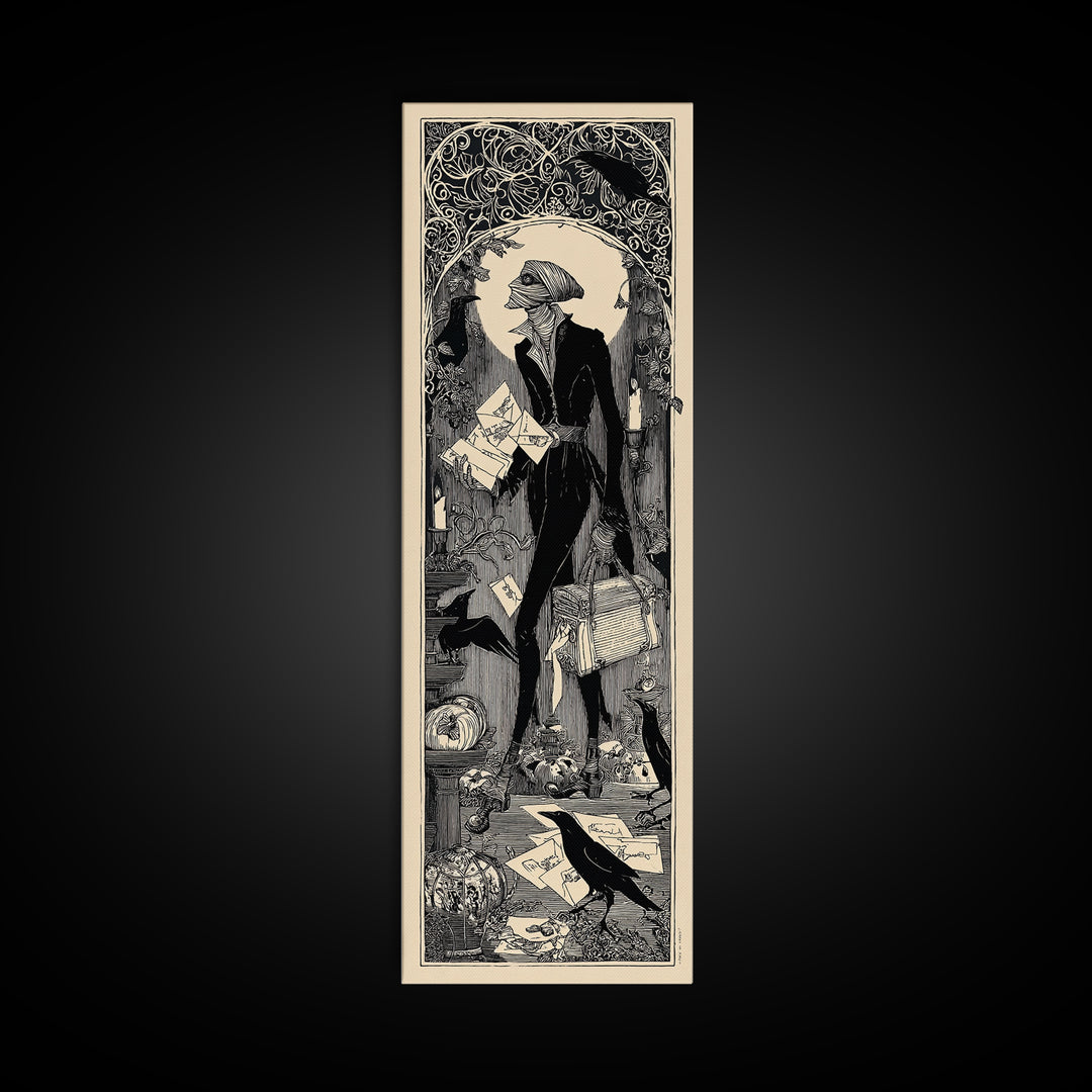 The Mummy Mail Carrier, Decadent Line Art, Tall Narrow Wall Art, Gothic Horror Wall Art, Framed Canvas Print, Halloween Wall Art