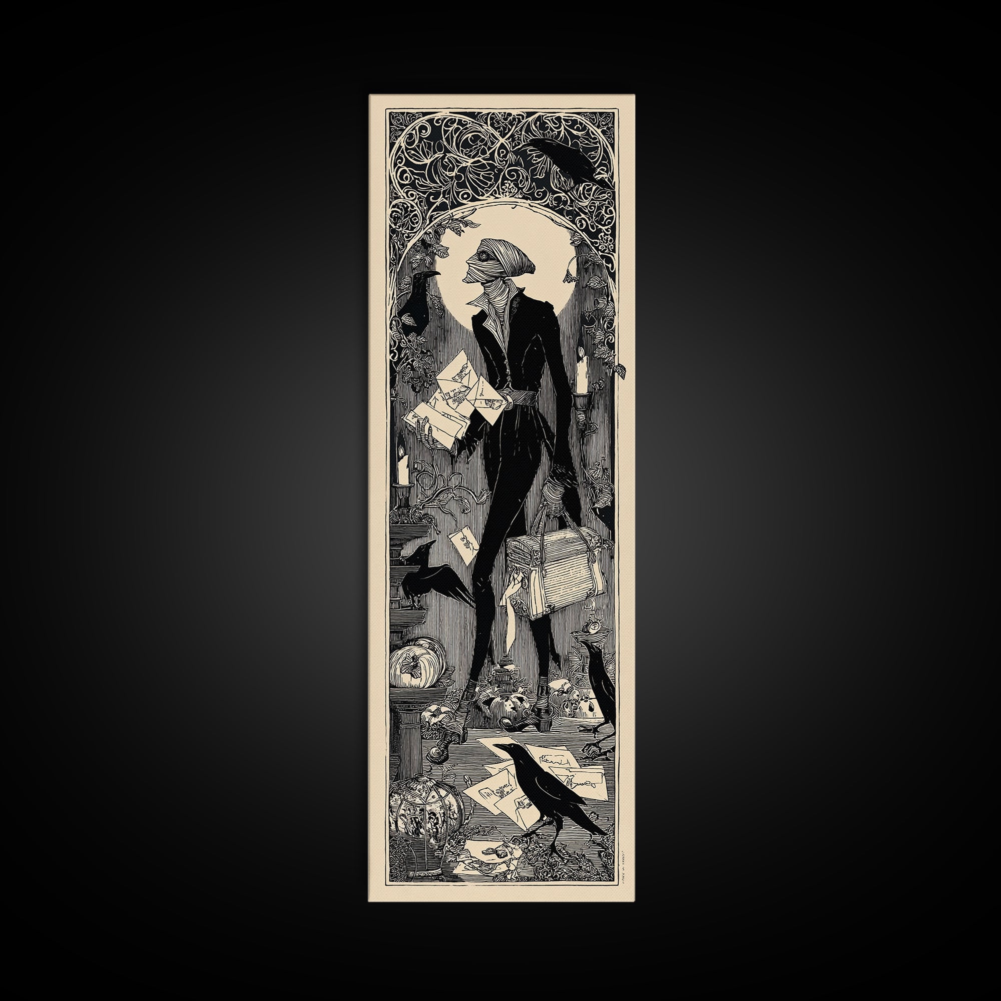 The Mummy Mail Carrier, Decadent Line Art, Tall Narrow Wall Art, Gothic Horror Wall Art, Framed Canvas Print, Halloween Wall Art