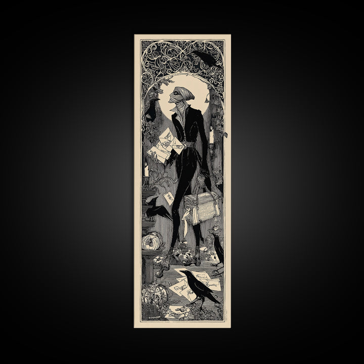 The Mummy Mail Carrier, Decadent Line Art, Tall Narrow Wall Art, Gothic Horror Wall Art, Framed Canvas Print, Halloween Wall Art