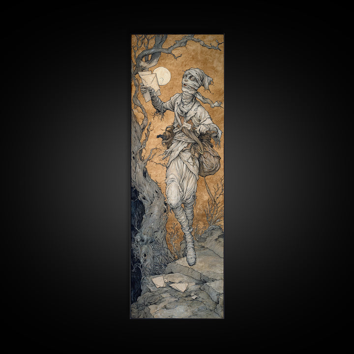 The Mummy Mail Carrier, Gothic Storybook Art, Tall Narrow Wall Art, Dark Fantasy Wall Art, Canvas Print, Halloween Wall Art