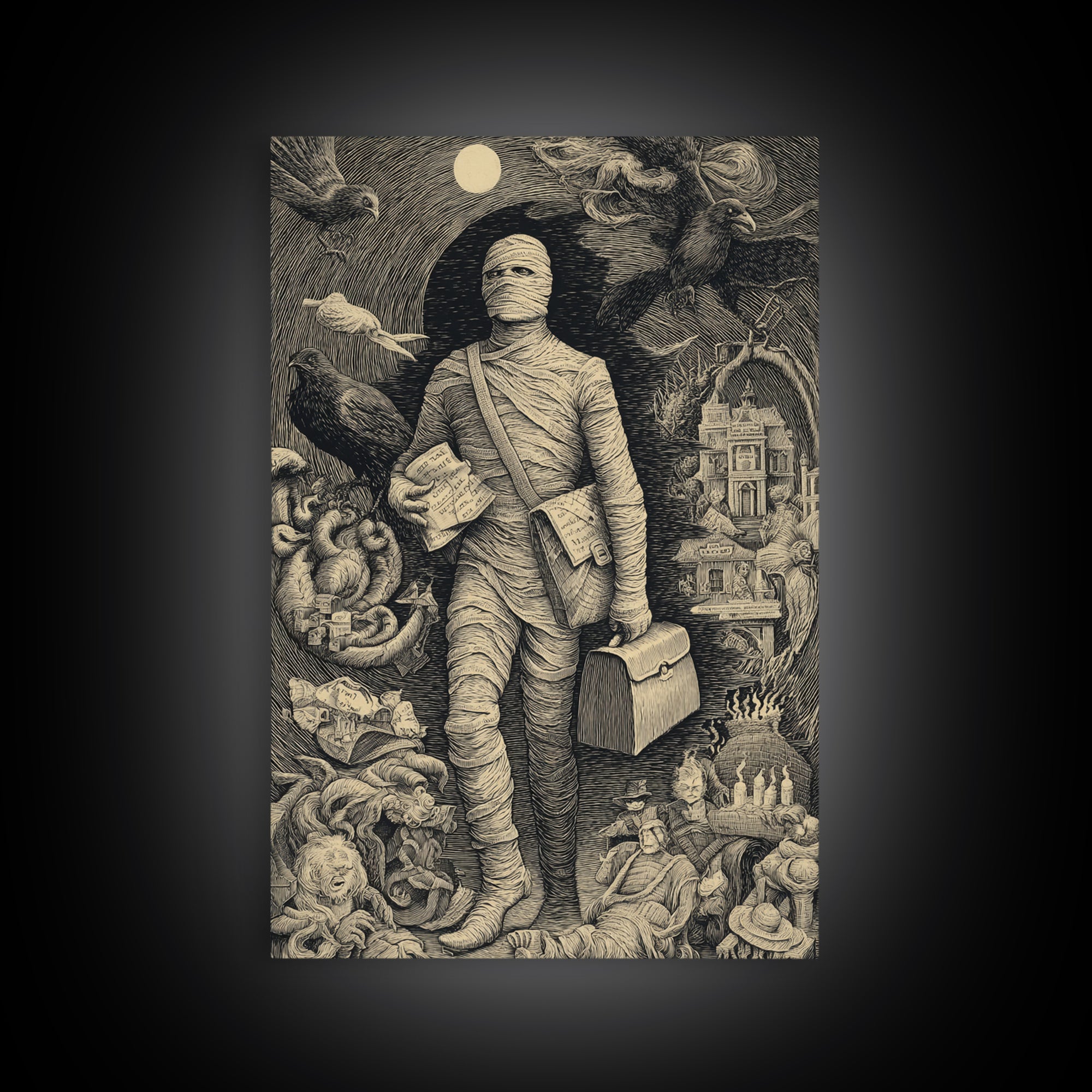 The Mummy Mail Carrier, Victorian Macabre Art, Vertical Wall Art, Gothic Horror Wall Art, Framed Canvas Print, Halloween Wall Art