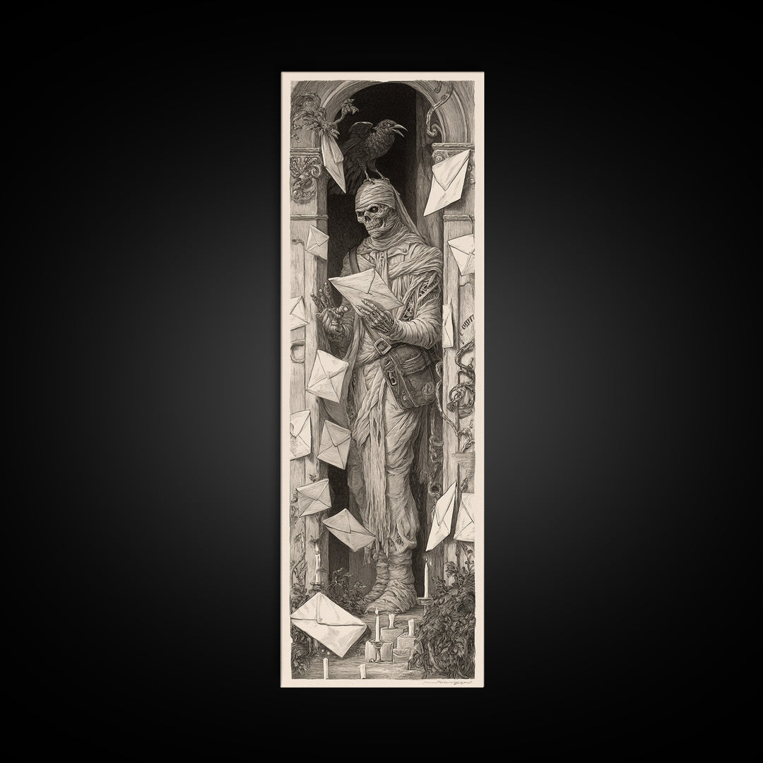 The Mummy Mail Carrier, Biomechanical Horror Art, Tall Narrow Wall Art, Dark Fantasy Wall Art, Framed Canvas Print, Halloween Wall Art