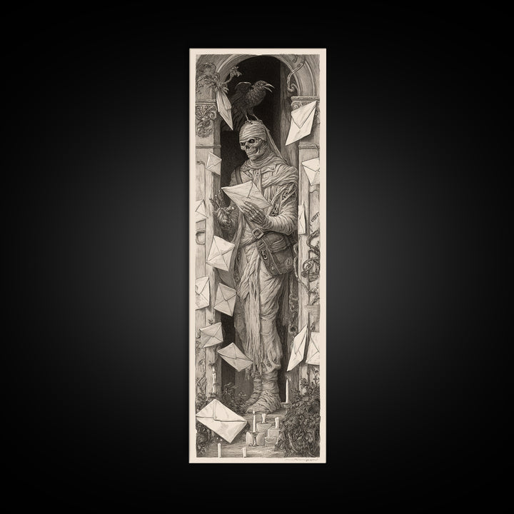 The Mummy Mail Carrier, Biomechanical Horror Art, Tall Narrow Wall Art, Dark Fantasy Wall Art, Framed Canvas Print, Halloween Wall Art