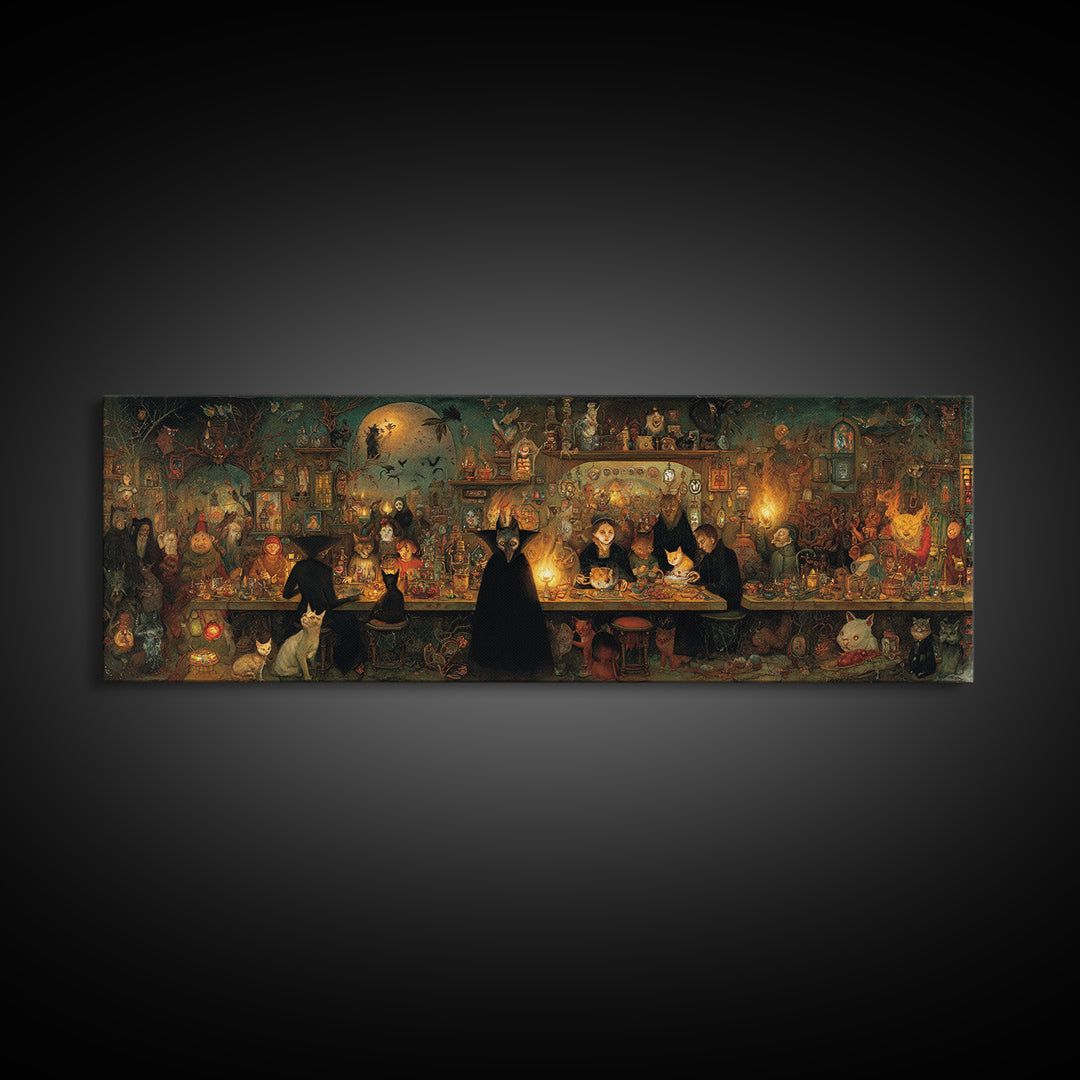 The Witch'S Cat Cafe, Medieval Grotesque Art, Extra Wide Wall Art, Dark Halloween Decor, Canvas Print, Halloween Wall Art