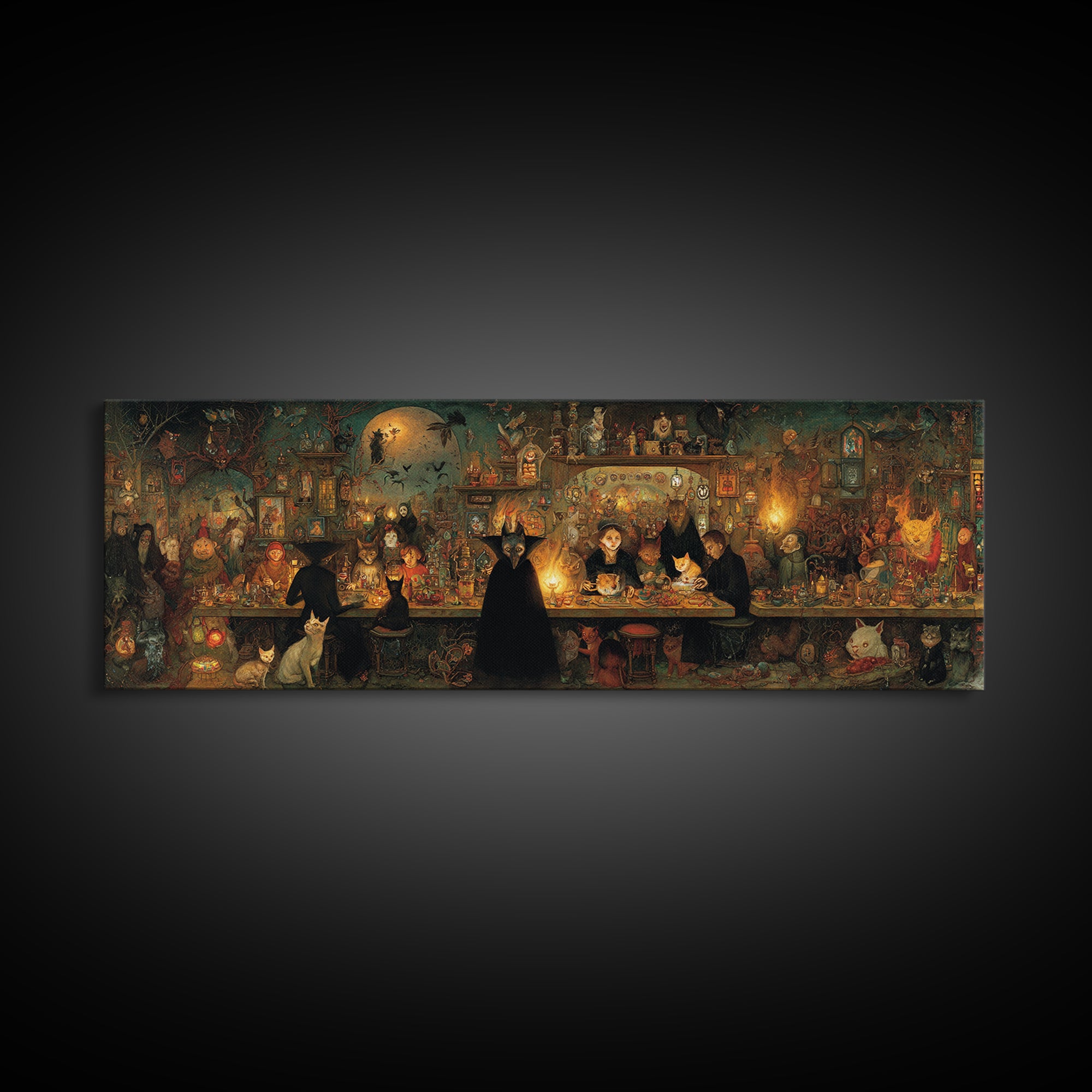 The Witch'S Cat Cafe, Medieval Grotesque Art, Extra Wide Wall Art, Dark Halloween Decor, Canvas Print, Halloween Wall Art