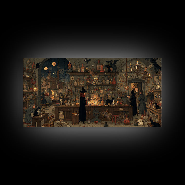 The Witch'S Cat Cafe, Northern Renaissance Horror, Wide Panoramic Art, Gothic Horror Wall Art, Framed Canvas Print