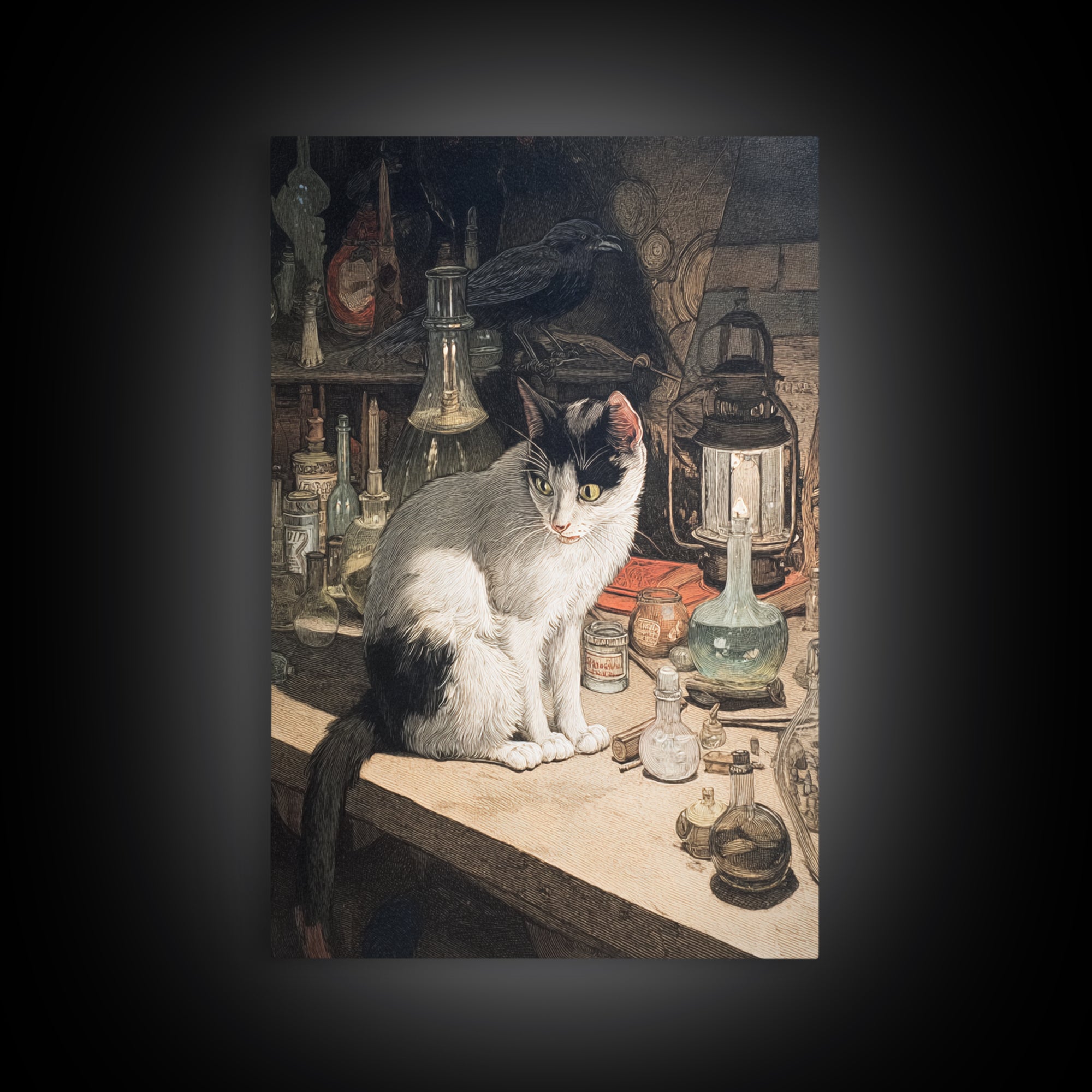 The Witch'S Cat Cafe, Dark Renaissance Art, Vertical Wall Art, Macabre Wall Art, Framed Canvas Print, Halloween Wall Art