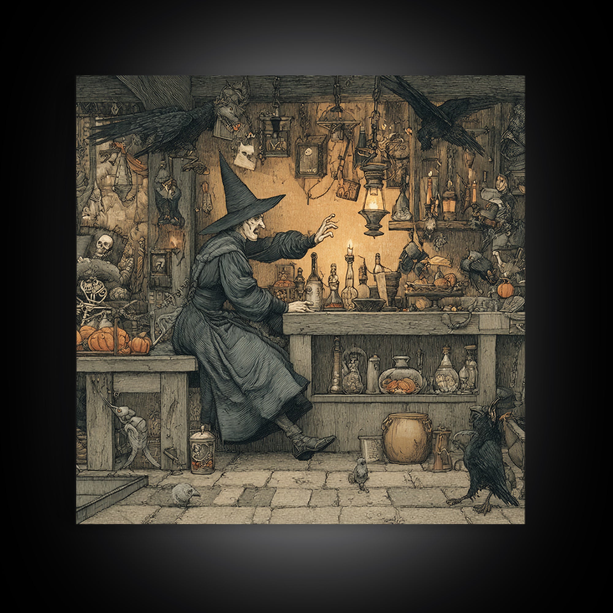 The Witch'S Cat Cafe, Danse Macabre Art, Square Wall Art, Dark Fantasy Wall Art, Framed Canvas Print, Halloween Wall Art