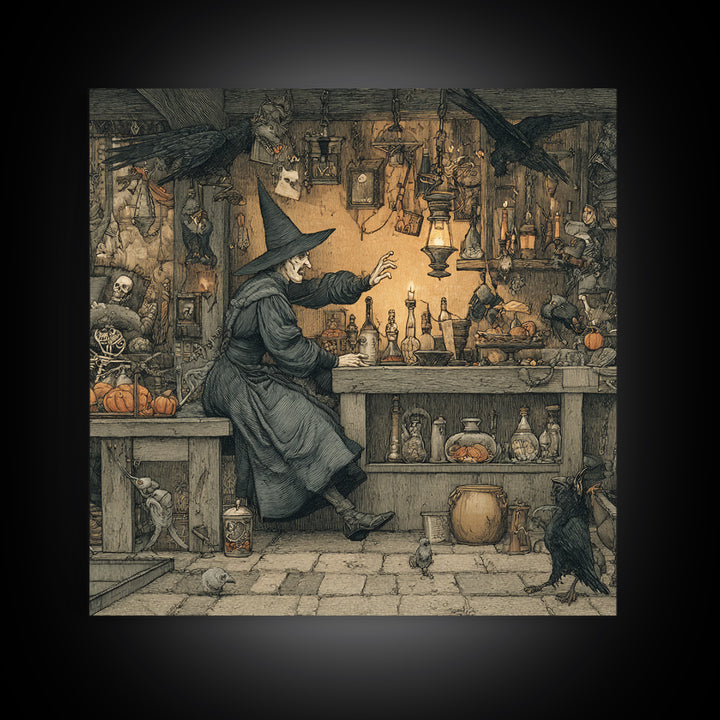 The Witch'S Cat Cafe, Danse Macabre Art, Square Wall Art, Dark Fantasy Wall Art, Framed Canvas Print, Halloween Wall Art