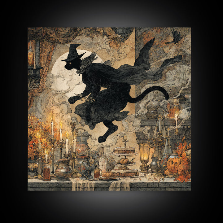 The Witch'S Cat Cafe, Baroque Witchcraft Art, Square Wall Art, Dark Halloween Decor, Framed Canvas Print, Halloween Wall Art