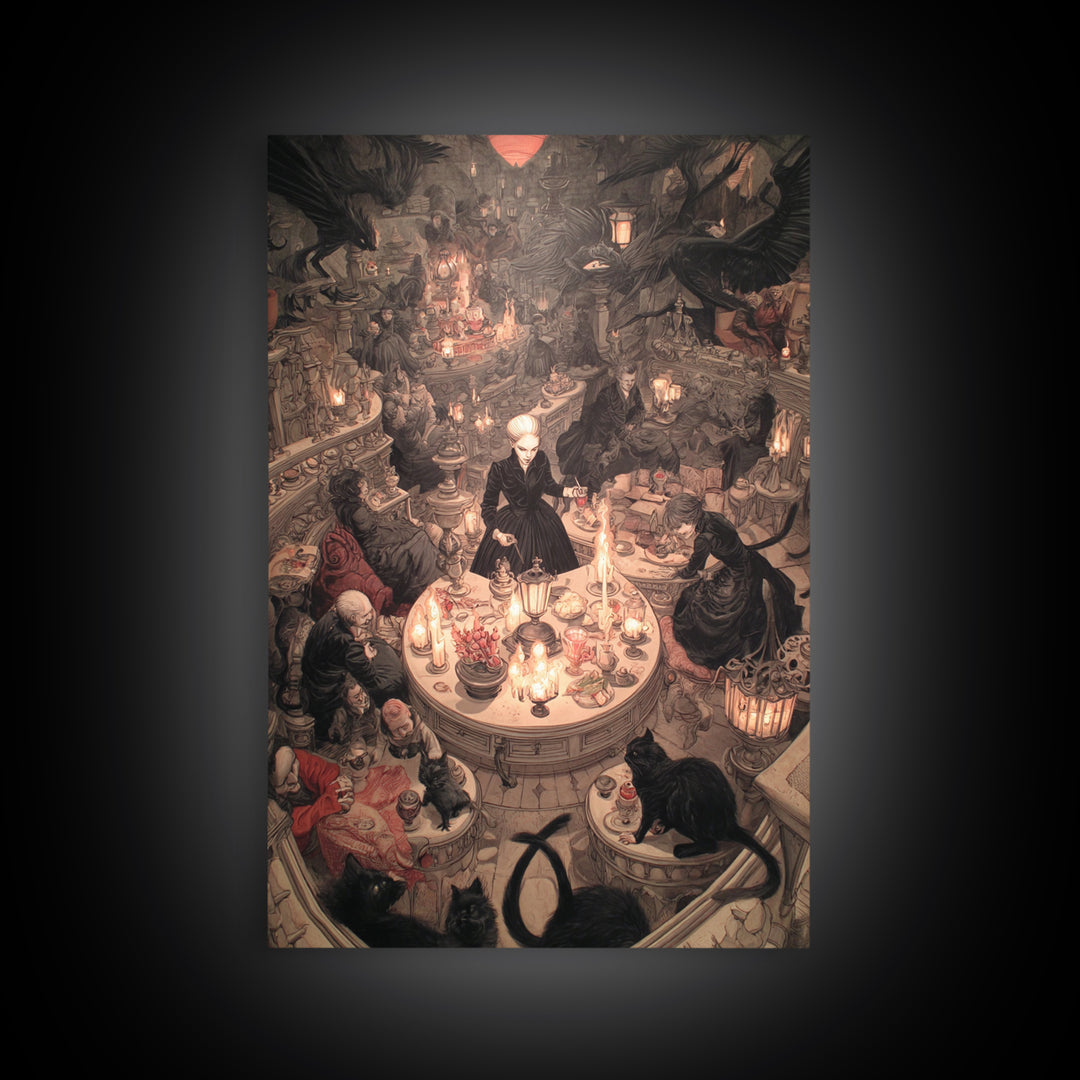 The Witch'S Cat Cafe, Gothic Nightmare Art, Vertical Wall Art, Gothic Horror Wall Art, Framed Canvas Print, Halloween Wall Art