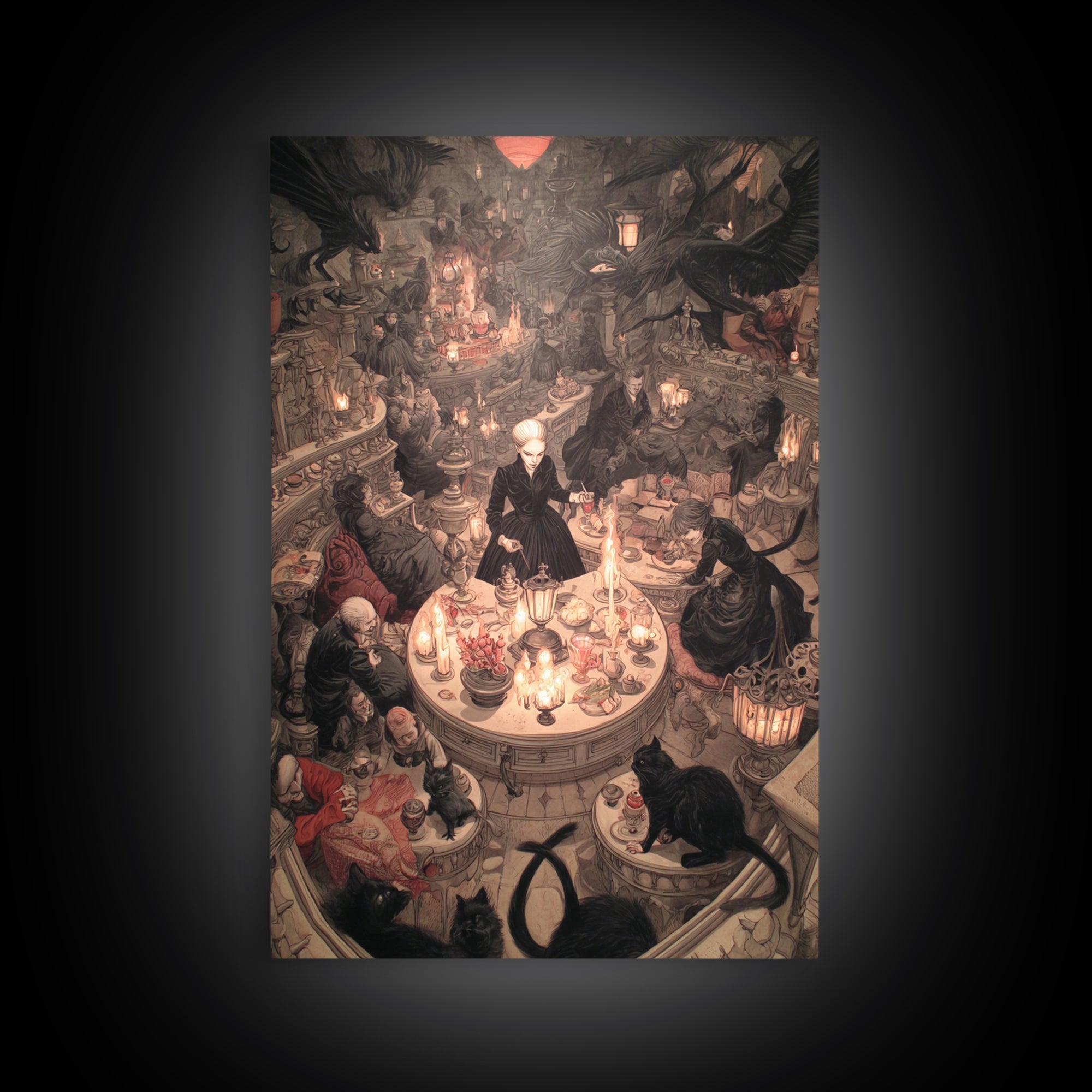 The Witch'S Cat Cafe, Gothic Nightmare Art, Vertical Wall Art, Gothic Horror Wall Art, Framed Canvas Print, Halloween Wall Art