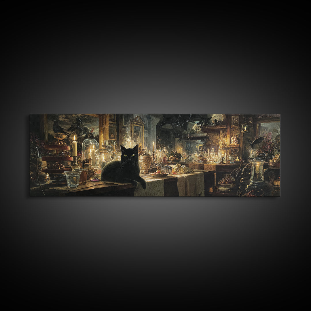 The Witch'S Cat Cafe, Visionary Gothic Art, Extra Wide Wall Art, Dark Fantasy Wall Art, Canvas Print, Halloween Wall Art