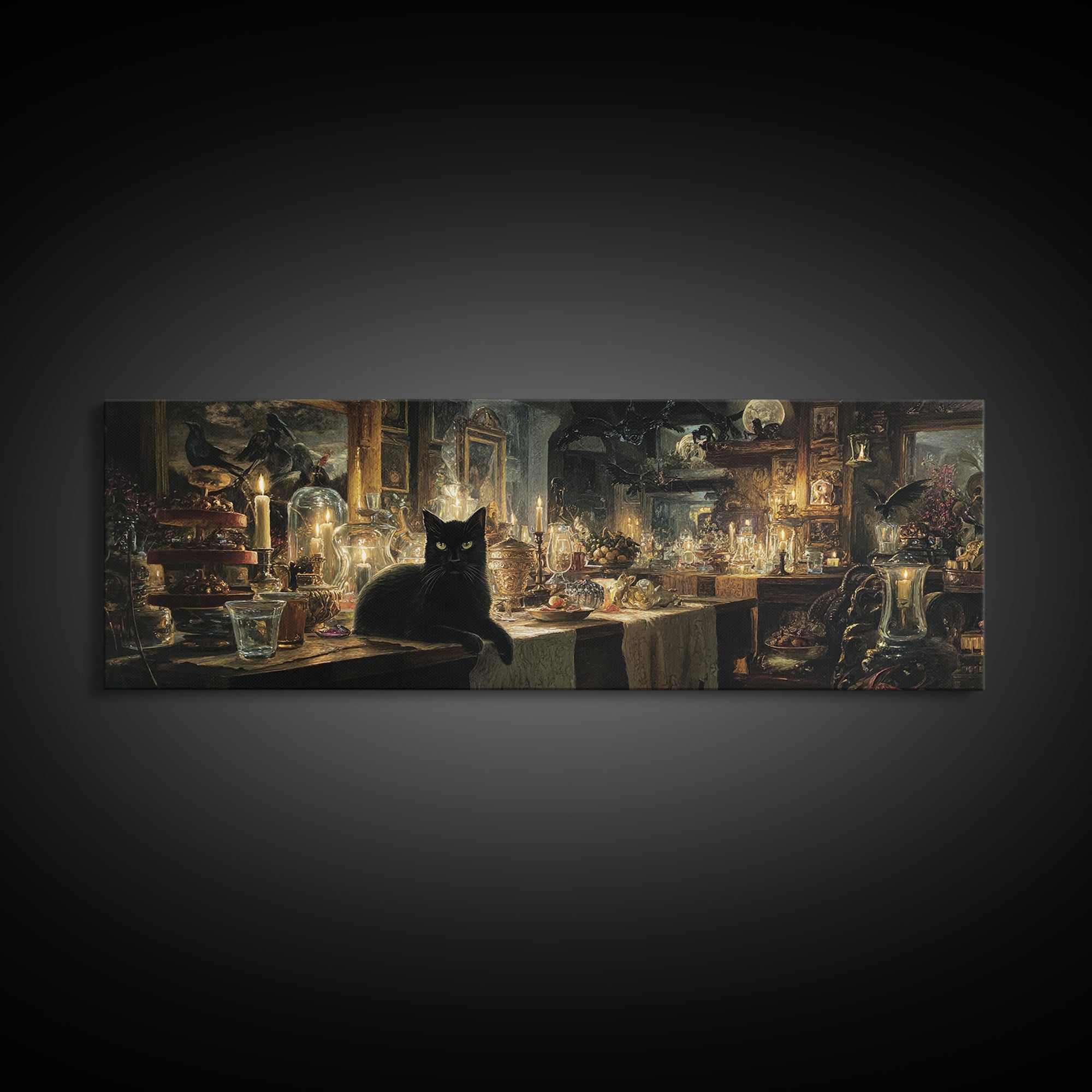 The Witch'S Cat Cafe, Visionary Gothic Art, Extra Wide Wall Art, Dark Fantasy Wall Art, Canvas Print, Halloween Wall Art