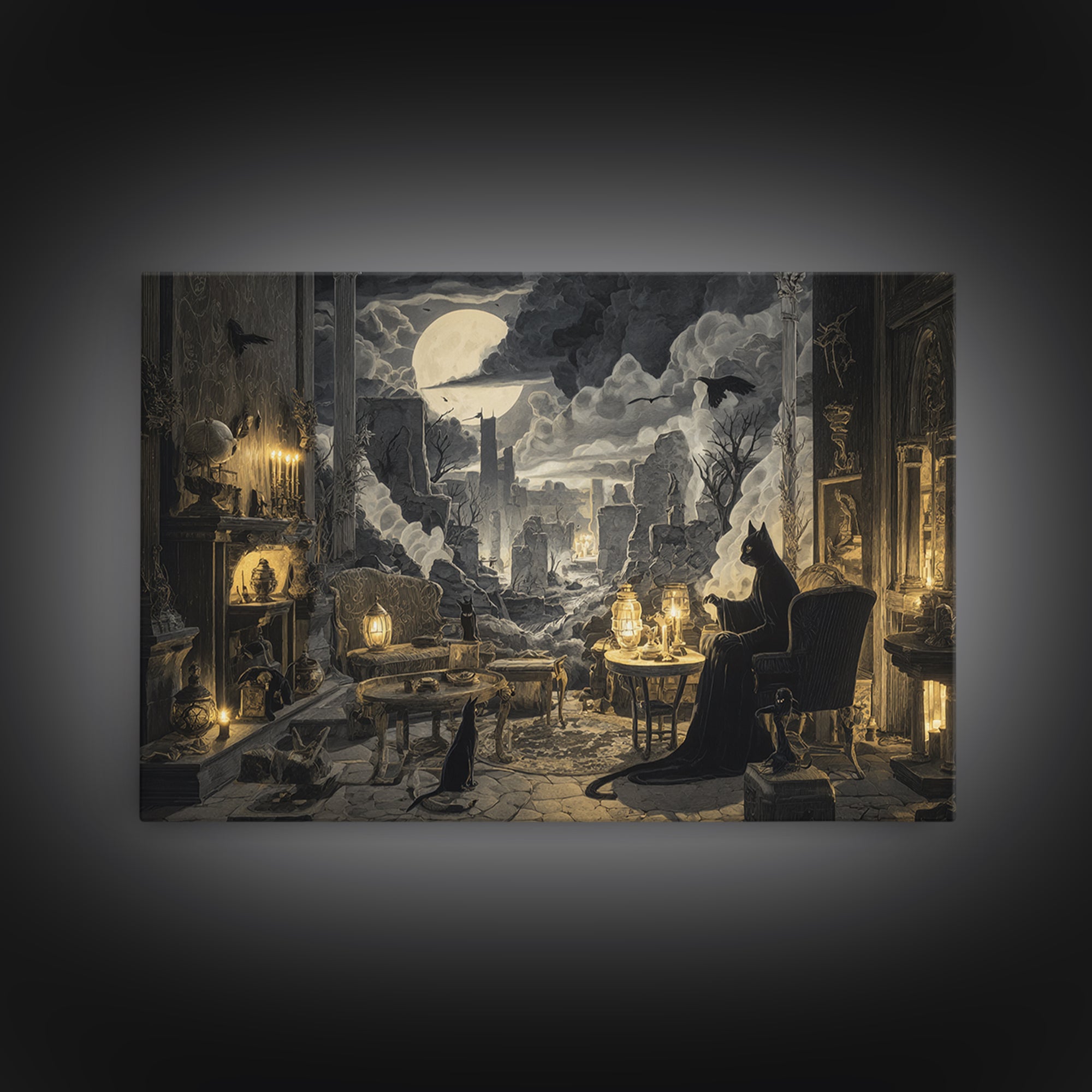 The Witch'S Cat Cafe, Romantic Gothic Landscape, Landscape Wall Art, Dark Halloween Decor, Framed Canvas Print, Halloween Wall Art