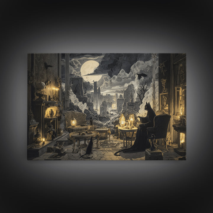 The Witch'S Cat Cafe, Romantic Gothic Landscape, Landscape Wall Art, Dark Halloween Decor, Framed Canvas Print, Halloween Wall Art