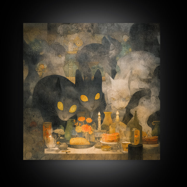 The Witch'S Cat Cafe, Symbolist Dream Art, Square Wall Art, Macabre Wall Art, Framed Canvas Print, Halloween Wall Art, Horror Wall Art