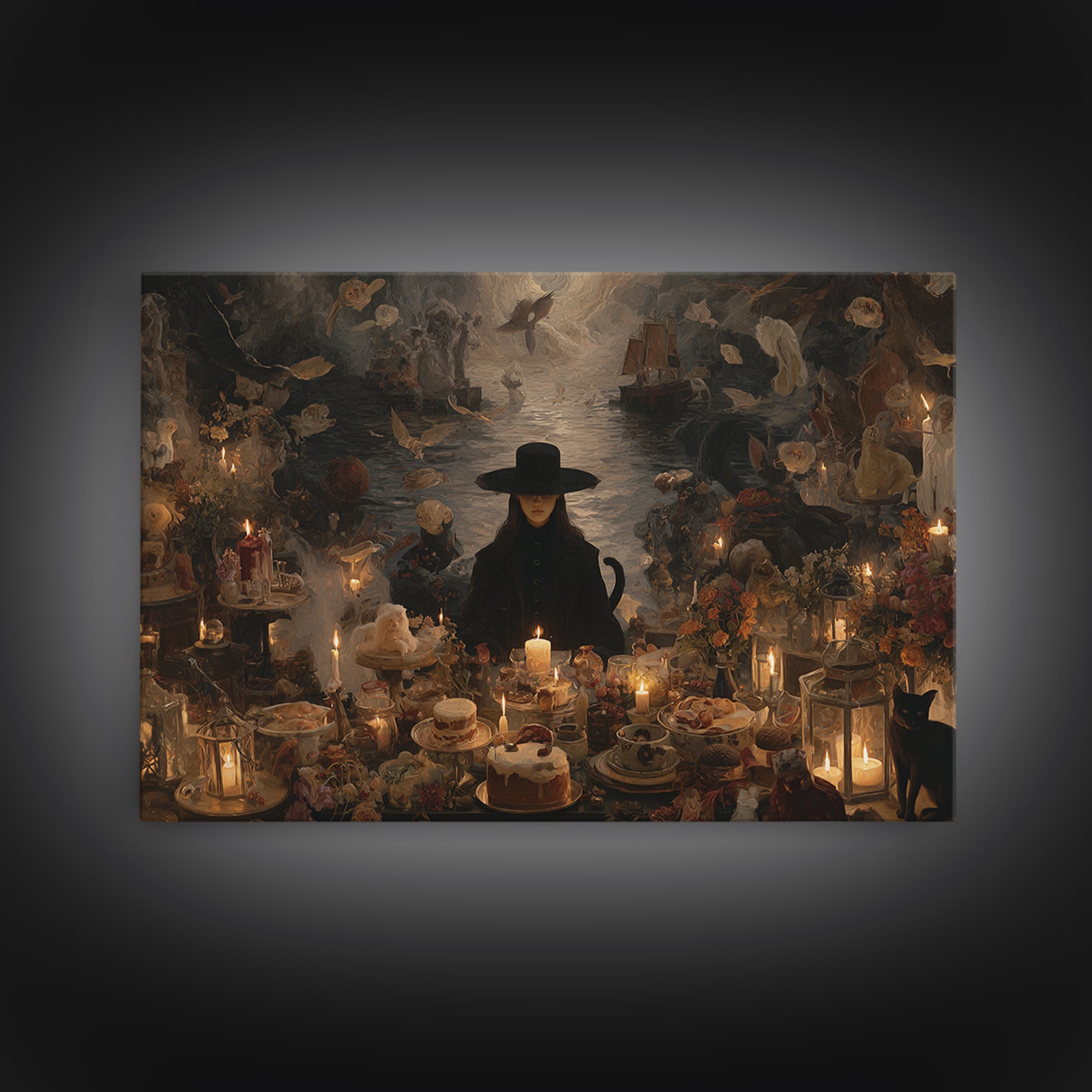 The Witch'S Cat Cafe, Symbolist Gothic Landscape, Landscape Wall Art, Gothic Horror Wall Art, Canvas Print, Halloween Wall Art