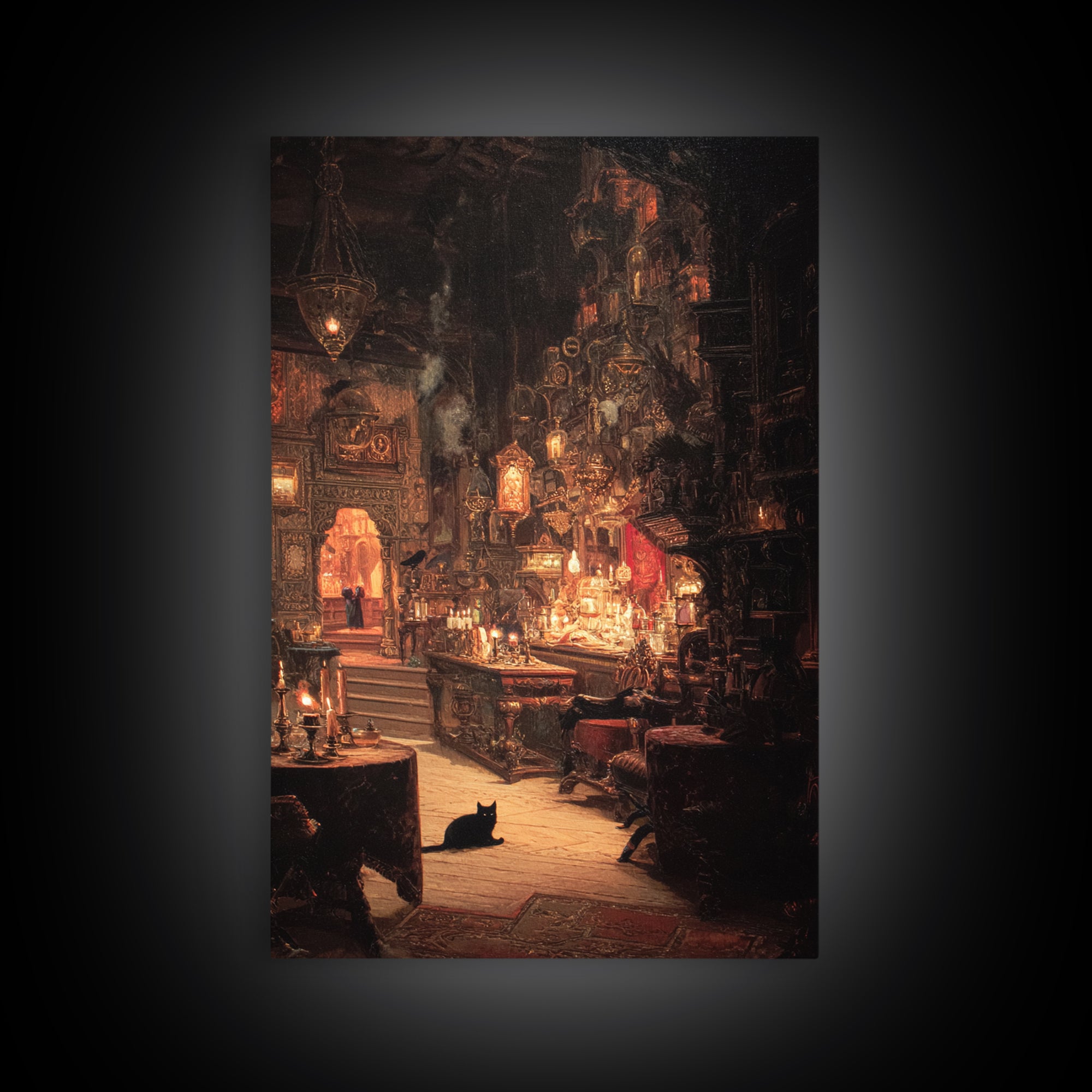 The Witch'S Cat Cafe, Ornate Symbolist Art, Vertical Wall Art, Macabre Wall Art, Framed Canvas Print, Halloween Wall Art