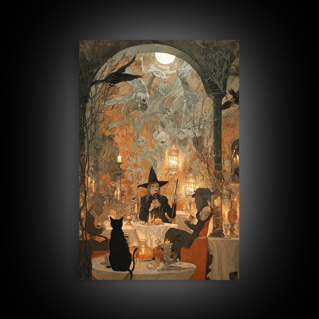 The Witch'S Cat Cafe, Decadent Gothic Art, Vertical Wall Art, Gothic Horror Wall Art, Framed Canvas Print, Halloween Wall Art