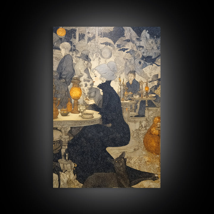 The Witch'S Cat Cafe, Symbolist Death Art, Vertical Wall Art, Gothic Horror Wall Art, Canvas Print, Halloween Wall Art