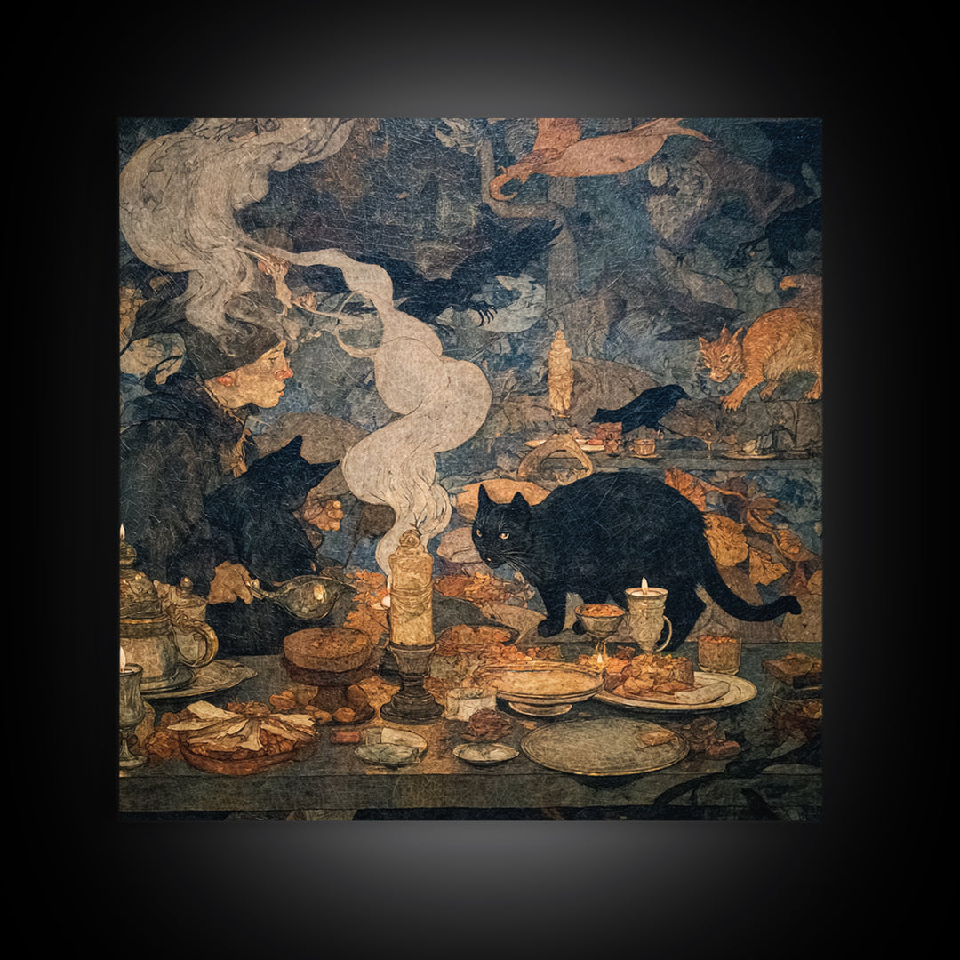 The Witch'S Cat Cafe, Dark Symbolist Art, Square Wall Art, Dark Halloween Decor, Framed Canvas Print, Halloween Wall Art