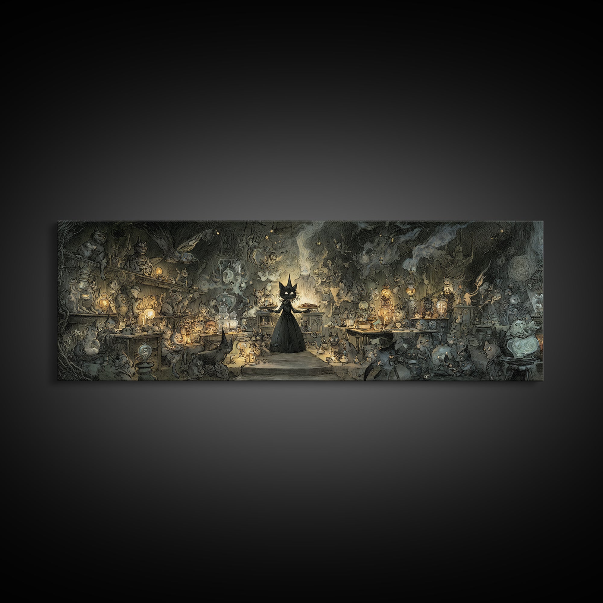 The Witch'S Cat Cafe, Expressionist Nightmare Art, Extra Wide Wall Art, Dark Halloween Decor, Canvas Print, Halloween Wall Art