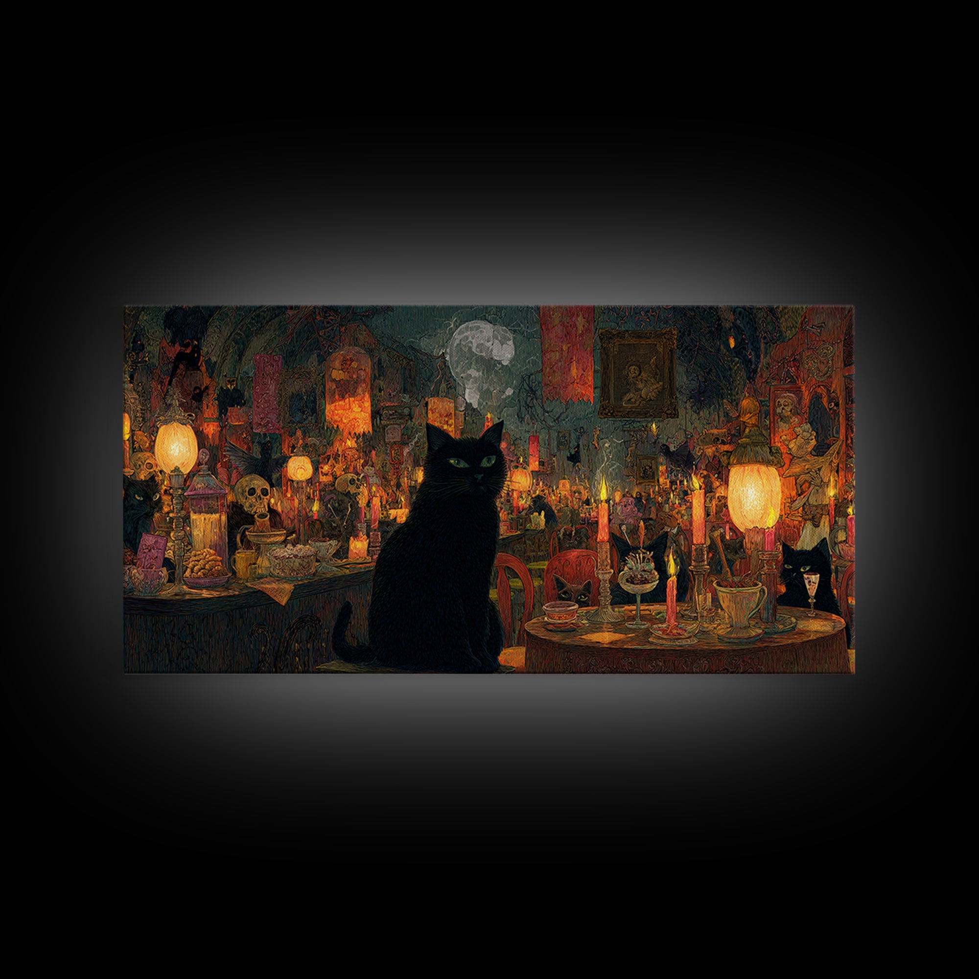 The Witch'S Cat Cafe, Grotesque Carnival Art, Wide Panoramic Art, Dark Halloween Decor, Framed Canvas Print, Halloween Wall Art