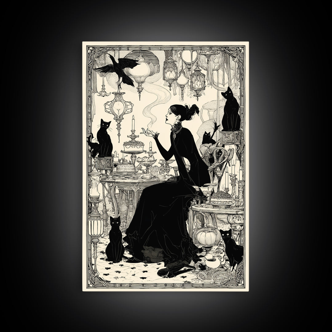 The Witch'S Cat Cafe, Decadent Line Art, Vertical Wall Art, Gothic Horror Wall Art, Framed Canvas Print, Halloween Wall Art