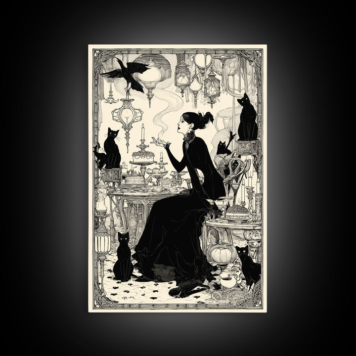 The Witch'S Cat Cafe, Decadent Line Art, Vertical Wall Art, Gothic Horror Wall Art, Framed Canvas Print, Halloween Wall Art
